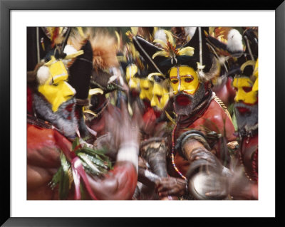 Huli Wigmen Beating Kundu Drum And Dancing At Sing Sing Festival, Mt. Hagen, Papua New Guinea by Keren Su Pricing Limited Edition Print image