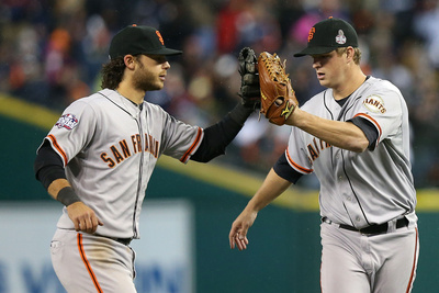 Detroit, Mi - October 28: Detroit Tigers V San Francisco Giants - Matt Cain And Brandon Crawford by Ezra Shaw Pricing Limited Edition Print image