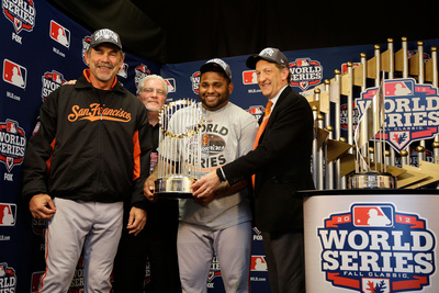 Detroit, Mi - October 28: Detroit Tigers V San Francisco Giants - Bruce Bochy And Pablo Sandoval by Pool Pricing Limited Edition Print image