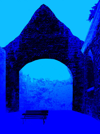 Abstract Image Of A Bench And Brick Arched Structure In Blue by Images Monsoon Pricing Limited Edition Print image