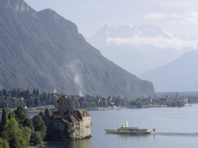 Boat On Lake Geneva Approaches The Chateau De Chillon by Thomas J. Abercrombie Pricing Limited Edition Print image