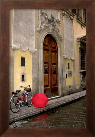 Red Umbrella And Bicycle At The Door, Florence by Igor Maloratsky Pricing Limited Edition Print image