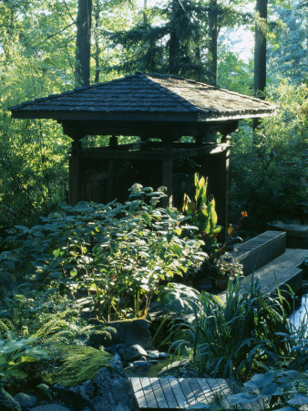 The Indonesian Gazebo And Koi Pond In The Woodland, Designers: Ilga Jansons And Mike Dryfoos by Clive Nichols Pricing Limited Edition Print image