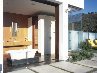 Malibu 4, California, Indoor Outdoor Bath Tub Open Sliding Doors Windows, Kanner Architects by John Edward Linden Pricing Limited Edition Print image