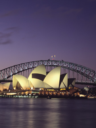 Opera House With Harbour Bridge In Background, Sydney, Exterior At Dusk by Marcel Malherbe Pricing Limited Edition Print image