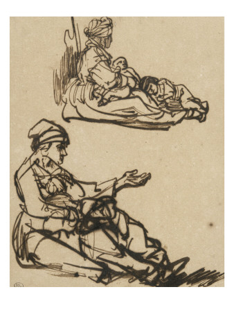 Deux Études D'une Mendiante Assise Sur Le Sol Avec Deux Enfants by Rembrandt Van Rijn Pricing Limited Edition Print image