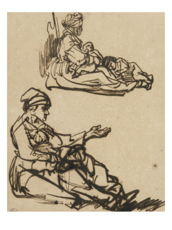 Deux Etudes D'une Mendiante Assise Sur Le Sol Avec Deux Enfants by Rembrandt Van Rijn Pricing Limited Edition Print image