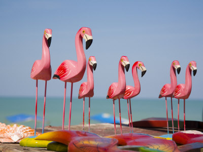 Wooden Pink Flamingos, Celestun, Yucatan, Mexico by Julie Eggers Pricing Limited Edition Print image