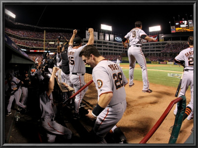 Texas Rangers V. San Francisco Giants, Game 5:  (L-R) Manager Bruce Bochy, Buster Posey by Doug Pensinger Pricing Limited Edition Print image