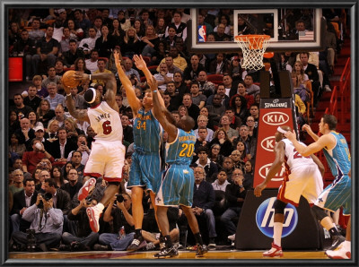 New Orleans Hornets V Miami Heat: Lebron James, Aaron Gray And Quincy Pondexter by Mike Ehrmann Pricing Limited Edition Print image