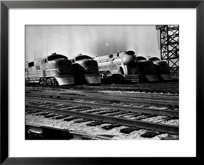 Super Chief And El Capitan Locomotives From The Santa Fe Railroad Sitting In A Rail Yard by William Vandivert Pricing Limited Edition Print image
