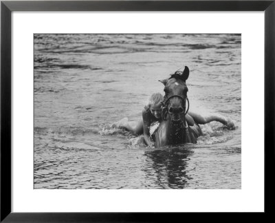Sydney Hoyle Floundering On Back Of Horse In Water At Full Cry Farm by Art Rickerby Pricing Limited Edition Print image