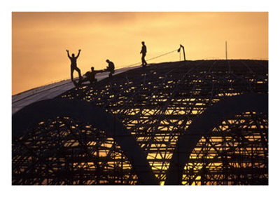 Construction Workers On Dome Of Swimming Pool At Sunset, Qinhuangdao by Raymond Gehman Pricing Limited Edition Print image
