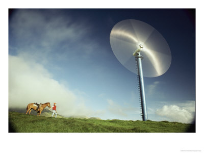 A Man Leads His Horse Towards A Modern Windmill by Paul Chesley Pricing Limited Edition Print image