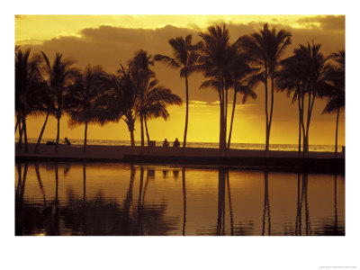Couple, Palm Trees And Sunset Reflecting In Lagoon At Anaeho'omalu Bay, Big Island, Hawaii, Usa by John & Lisa Merrill Pricing Limited Edition Print image