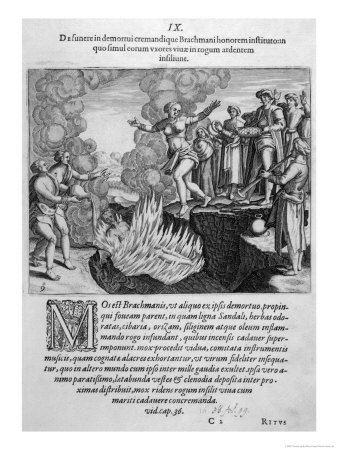 Brahman Widow Leaps Into The Flames Joining Her Dead Husband On The Funeral Pyre by Theodor De Bry Pricing Limited Edition Print image