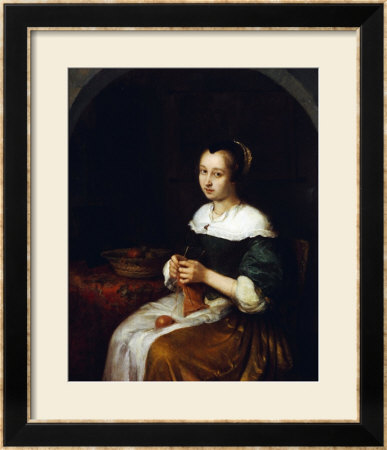 A Woman Knitting With A Basket Of Fruit On A Carpet-Covered Table Beside Her by Caspar Netscher Pricing Limited Edition Print image