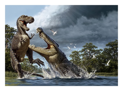 A Deinosuchus, An Alligator Ancestor, Lunges At An Albertosaurus. by National Geographic Society Pricing Limited Edition Print image