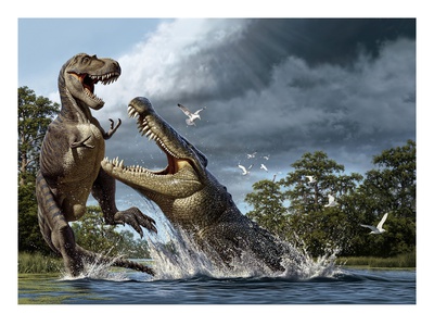 A Deinosuchus, An Alligator Ancestor, Lunges At An Albertosaurus. by National Geographic Society Pricing Limited Edition Print image