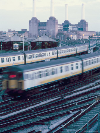 Railtracks Near Victoria Station With Battersea Power Station In Background, London, England by Brigitte Bott Pricing Limited Edition Print image