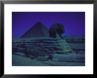 Sphinx And Great Pyramid At Giza, In Moonlight, Egypt by James Burke Pricing Limited Edition Print image