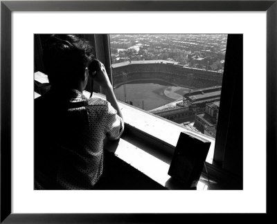 Pittsburgh Pirate Fan Atop University's Cathedral Looking Down At World Series Baseball Game by George Silk Pricing Limited Edition Print image