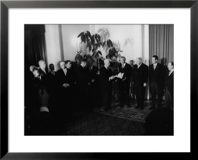President Heinrich Lubke Handing Out Documents To Konrad Adenauer And Cabinet Of His Resignation by Ralph Crane Pricing Limited Edition Print image