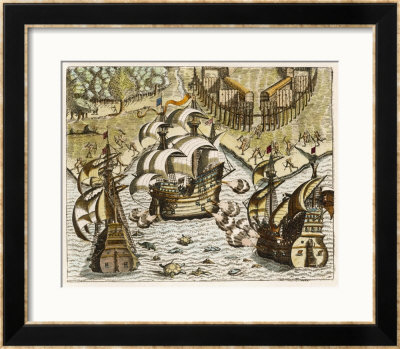 Spanish Galleons Attempt To Ward Off Rivals For The New World by Theodor De Bry Pricing Limited Edition Print image