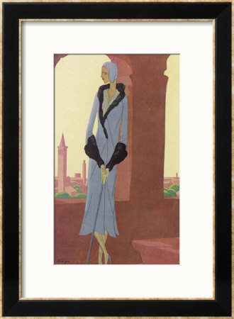 Lucien Lelong Grey-Blue Coat With Geometric Panels Flaring Hem And Deep Cuffs by Leon Benigni Pricing Limited Edition Print image
