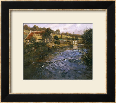 La Passerelle: A French River Landscape With A Washerwoman by Fritz Thaulow Pricing Limited Edition Print image