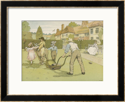 Children Ride On A Donkey As It Pulls A Lawn Mower by Francis Bedford Pricing Limited Edition Print image