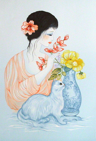 Jeune Fille Au Chat Et Au Vase Bleu by Mara Tran-Long Pricing Limited Edition Print image