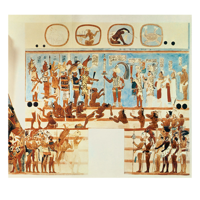 Copy Of A Wall Painting From Bonampak Depicting Mayan Priests And Nobles Judging Prisoners Of War by Antonio De Tejeda Pricing Limited Edition Print image