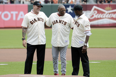 San Francisco, Ca - July 1: Jason Christiansen, Felix Rodriquez With Former Manager Of The Giants A by Thearon W. Henderson Pricing Limited Edition Print image