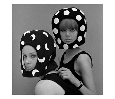 Celia Hammond And Patty Boyd In Edward Mann Dots And Moons Helmets, 1965 by John French Pricing Limited Edition Print image