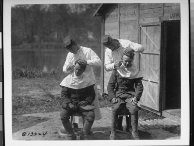 Two American Soldiers Getting Their Hair Cut At Camp During Wwi; At 166Th Field Hospital by Charles H. White Pricing Limited Edition Print image