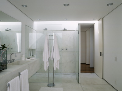 Big White House, Sao Paulo, Master Bathroom With Glass Walled Double Shower, Archit: Marcio Kogan by Alan Weintraub Pricing Limited Edition Print image