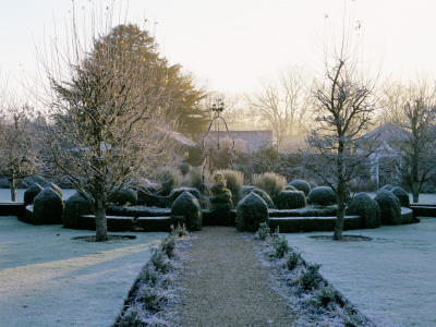 West Green House Garden, Hampshire - Frosted Clipped Box, Old Well-Head, Walled Garden In Winter by Clive Nichols Pricing Limited Edition Print image