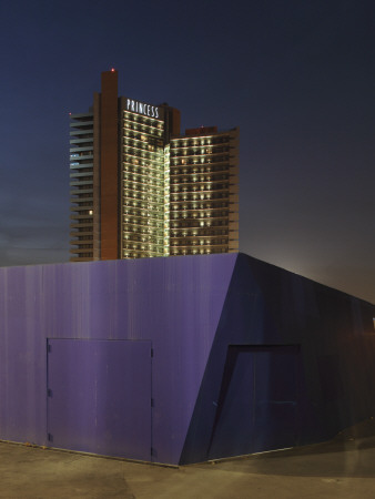 Barcelona Princess Hotel At Night, With Blue Structure Forming Part Of Forum Centre In Fore, Spain by David Borland Pricing Limited Edition Print image