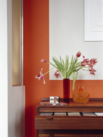 Glasgow Loft, Scotland, Sideboard With Open Drawers And Tulips In Red Glass Vase by David Churchill Pricing Limited Edition Print image