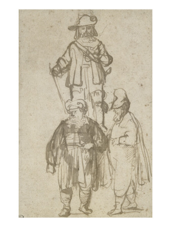 Etude De Trois Personnages, L'un En Costume D'officier Dominant Les Autres by Rembrandt Van Rijn Pricing Limited Edition Print image