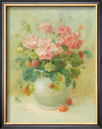 Pink Geraniums With Strawberries by Danhui Nai Pricing Limited Edition Print image
