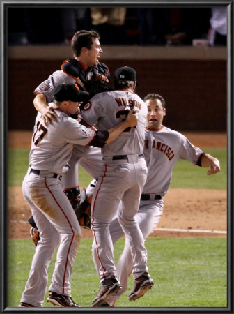 Texas Rangers V. San Francisco Giants, Game 5:  Buster Posey, Brian Wilson, Aubrey Huff, Pat Burrel by Christian Petersen Pricing Limited Edition Print image