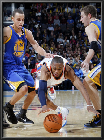Golden State Warriors V Oklahoma City Thunder: Russell Westbrook And Stephen Curry by Layne Murdoch Pricing Limited Edition Print image