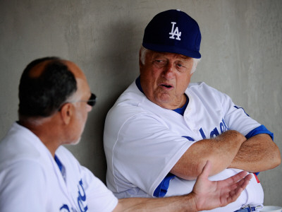 Texas Rangers V Los Angeles Dodgers, Glendale, Az - March 15: Tommy Lasorda And Davey Lopes by Kevork Djansezian Pricing Limited Edition Print image