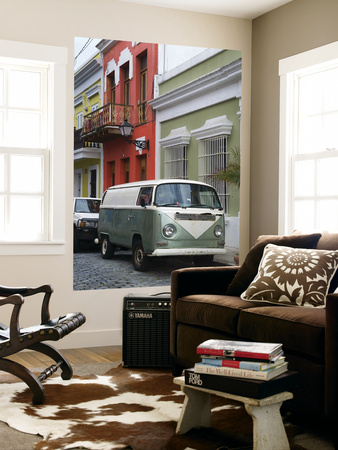 Old Volkswagen Combi Outside Colourful Colonial Houses In Old San Juan by Rachel Lewis Pricing Limited Edition Print image