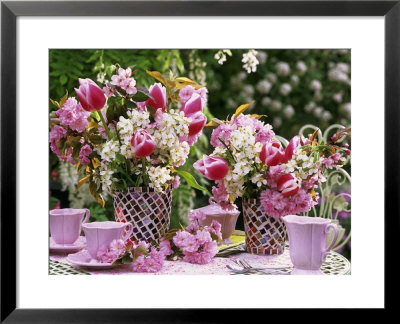 Vases Of Pink Tulips And Blossom On Table Laid For Coffee by Friedrich Strauss Pricing Limited Edition Print image