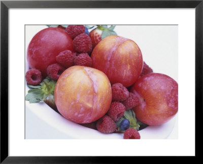 Fruit Bowl With Red Plums And Raspberries by Linda Burgess Pricing Limited Edition Print image