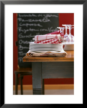 Table Linen: Fabric Napkins On A Pile Of Plates by Jan-Peter Westermann Pricing Limited Edition Print image
