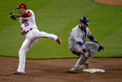 Texas Rangers V St Louis Cardinals, St Louis, Mo - Oct. 27: Mike Napoli And Rafael Furcal by Rob Carr Pricing Limited Edition Print image